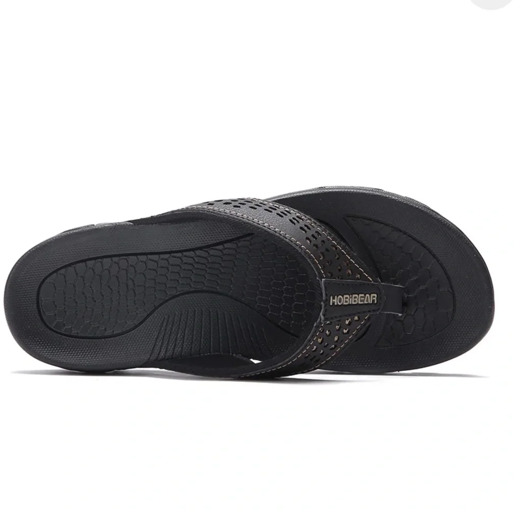 NWOT HOBIBEAR MEN FLIP FLOP THONG SANDAL INDOOR OUTDOOR ARCH SUPPORT BLACK SZ 8